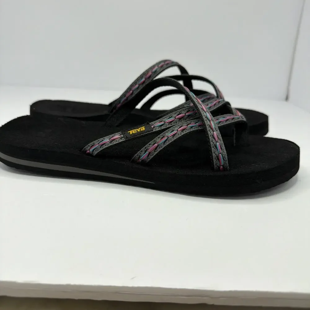 Teva Sandals Womens 9 Olowahu Casual Slip On Flip Flops Flats 6840 Black Fabric - Picture 6 of 9
